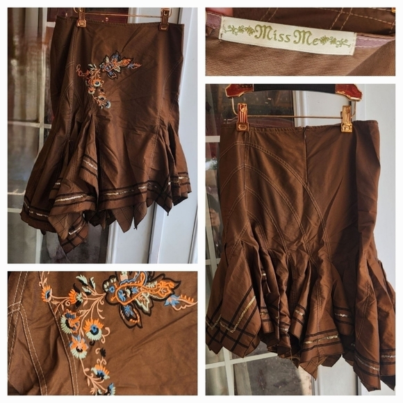 Miss Me Skirt Solid Brown Sequin Embroidered‎ Asymmetrical Hem Flare - Picture 1 of 2